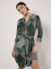 Apricot Green Geo Patchwork Tie Shirt Dress - Image 1 of 4
