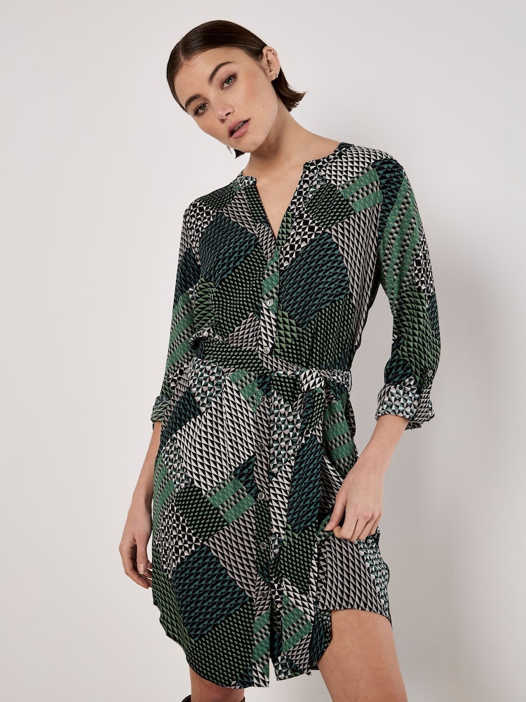 Apricot Green Geo Patchwork Tie Shirt Dress - Image 1 of 4