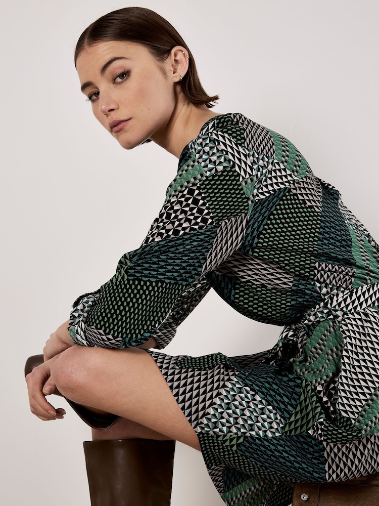 Apricot Green Geo Patchwork Tie Shirt Dress - Image 2 of 4