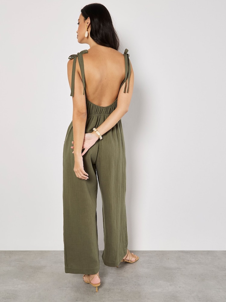 Apricot Green Tetra Tie Shoulder 100% Cotton Jumpsuit - Image 2 of 5 Apricot Green Tetra Tie Shoulder 100% Cotton Jumpsuit - Image 2 of 5
