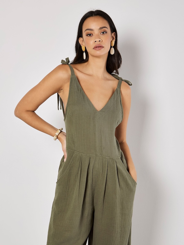 Apricot Green Tetra Tie Shoulder 100% Cotton Jumpsuit - Image 2 of 5 Apricot Green Tetra Tie Shoulder 100% Cotton Jumpsuit - Image 2 of 5