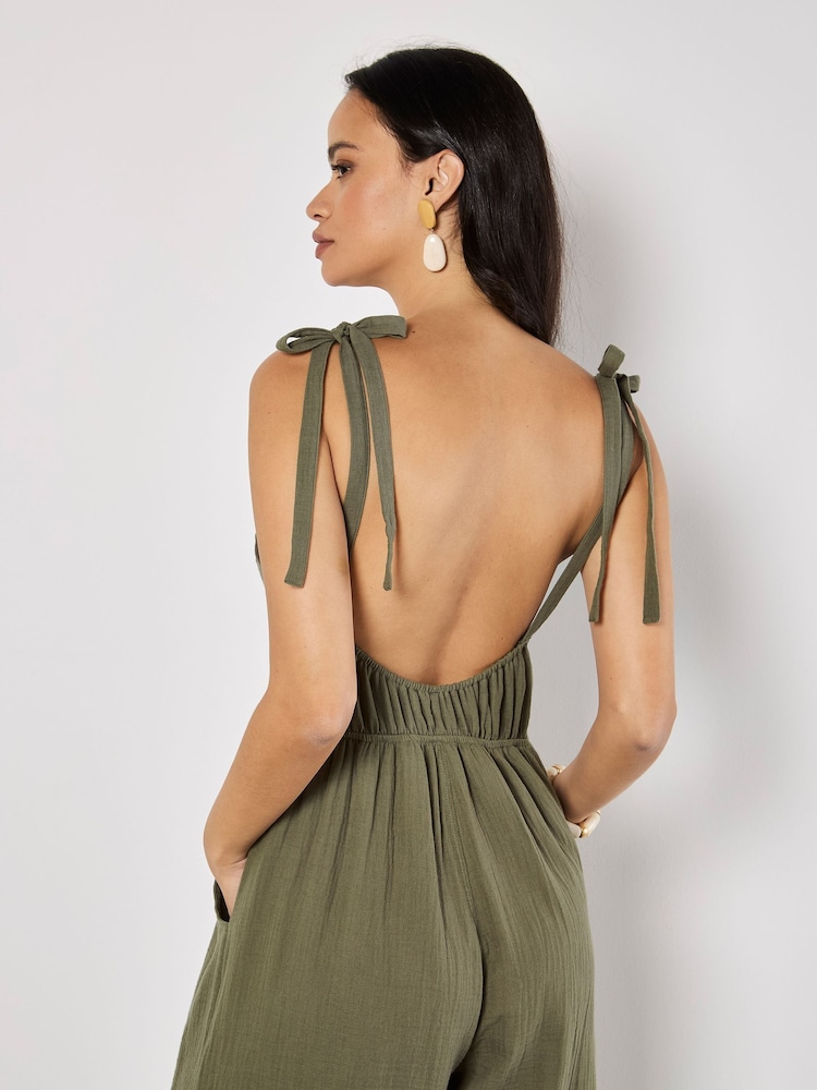 Apricot Green Tetra Tie Shoulder 100% Cotton Jumpsuit - Image 5 of 5 Apricot Green Tetra Tie Shoulder 100% Cotton Jumpsuit - Image 5 of 5