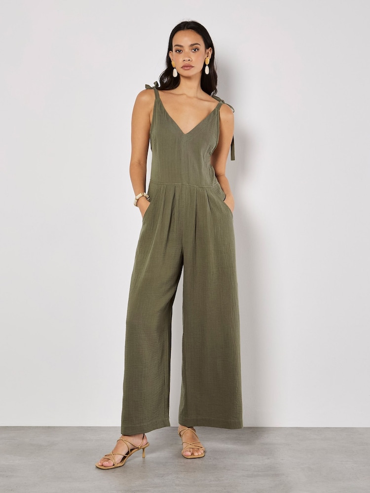 Apricot Green Tetra Tie Shoulder 100% Cotton Jumpsuit - Image 5 of 5 Apricot Green Tetra Tie Shoulder 100% Cotton Jumpsuit - Image 5 of 5