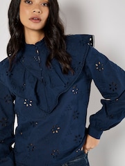 Apricot Blue Embroidery Big Ruffle 100% Cotton Shirt - Image 1 of 5