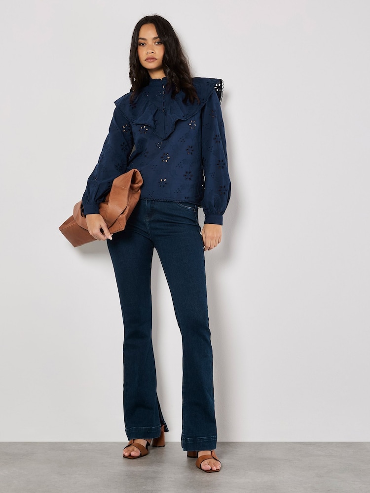 Apricot Blue Embroidery Big Ruffle 100% Cotton Shirt - Image 2 of 5
