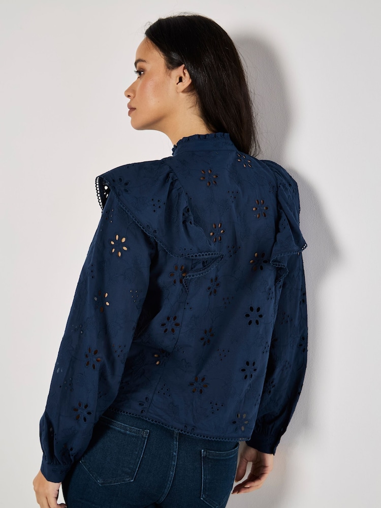 Apricot Blue Embroidery Big Ruffle 100% Cotton Shirt - Image 3 of 5