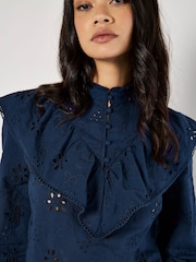 Apricot Blue Embroidery Big Ruffle 100% Cotton Shirt - Image 4 of 5