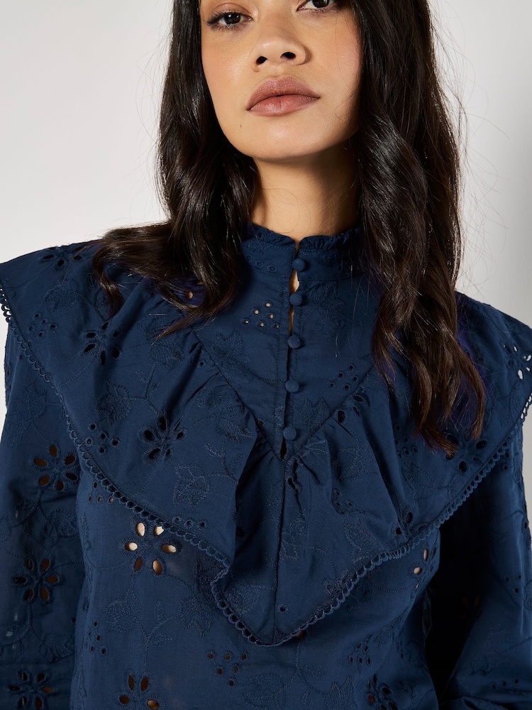 Apricot Blue Embroidery Big Ruffle 100% Cotton Shirt - Image 4 of 5