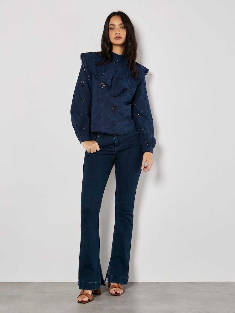 Apricot Blue Embroidery Big Ruffle 100% Cotton Shirt - Image 5 of 5