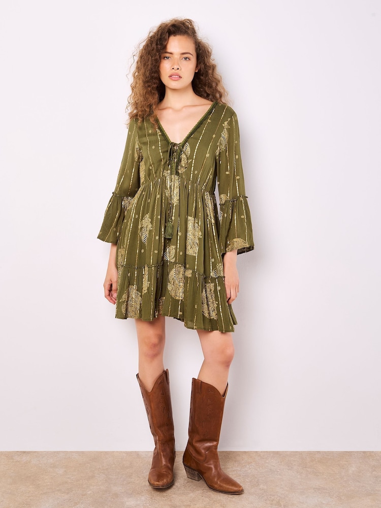 Apricot Green Bohemian Bell Sleeve Dress - Image 1 of 5 Apricot Green Bohemian Bell Sleeve Dress - Image 1 of 5