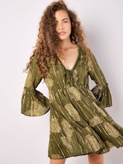Apricot Green Bohemian Bell Sleeve Dress - Image 2 of 5