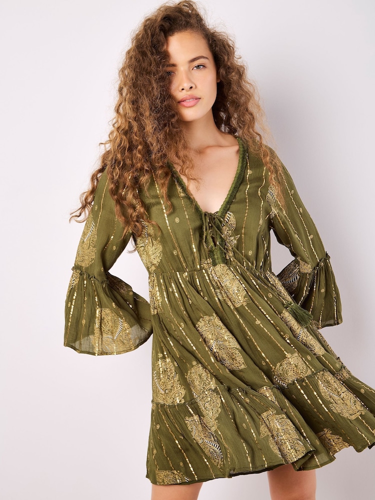 Apricot Green Bohemian Bell Sleeve Dress - Image 2 of 5 Apricot Green Bohemian Bell Sleeve Dress - Image 2 of 5