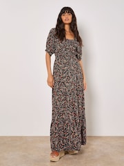 Apricot Black Floral Print Paisley Tiered Maxi Dress - Image 1 of 4