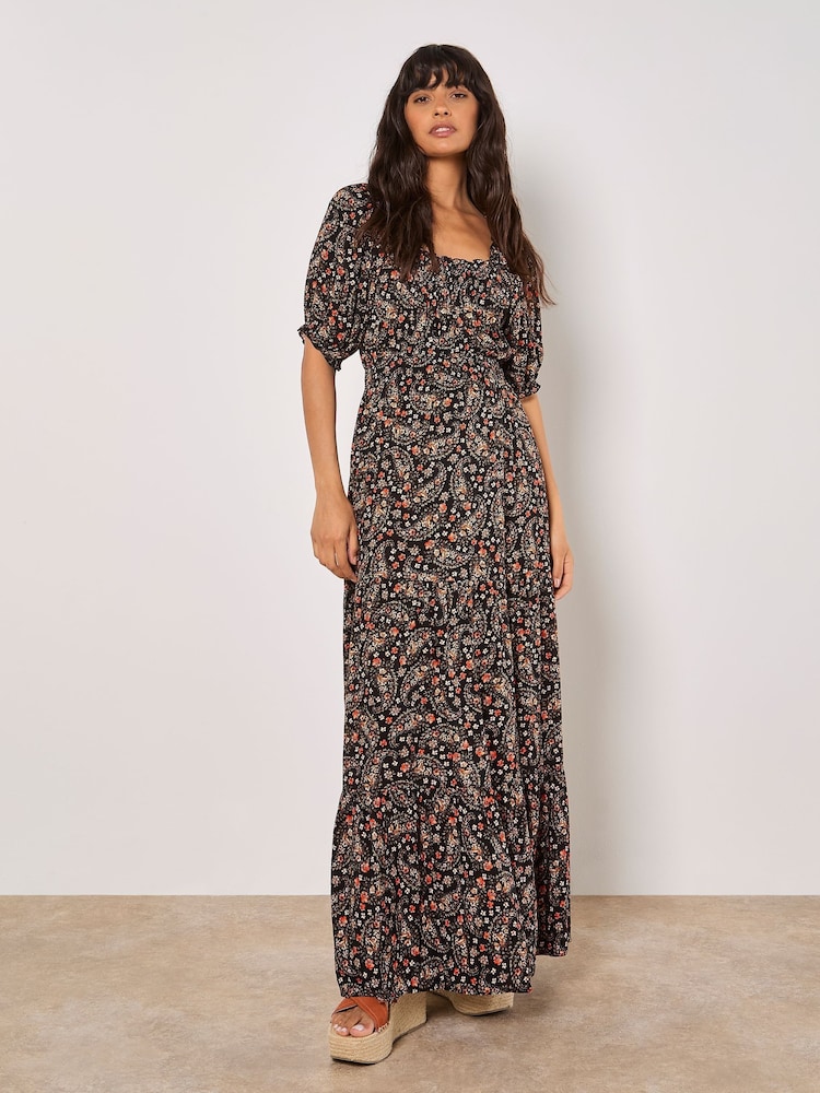 Apricot Black Floral Print Paisley Tiered Maxi Dress - Image 1 of 4