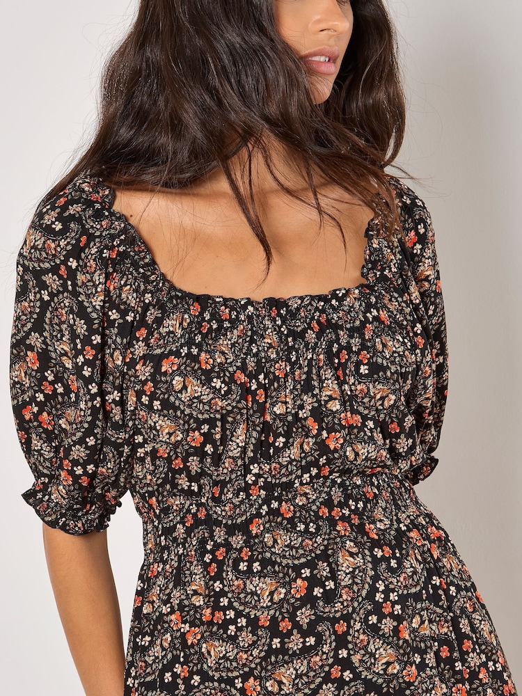 Apricot Black Floral Print Paisley Tiered Maxi Dress - Image 2 of 4
