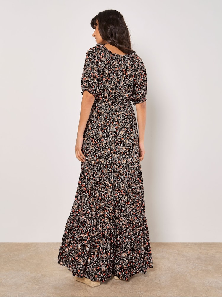 Apricot Black Floral Print Paisley Tiered Maxi Dress - Image 4 of 4