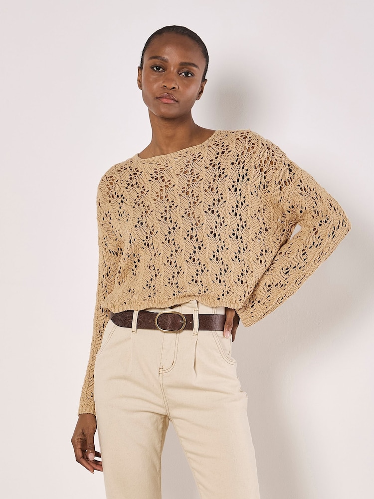 Apricot Natural Pointelle Scallop Hem Jumper - Image 1 of 5 Apricot Natural Pointelle Scallop Hem Jumper - Image 1 of 5