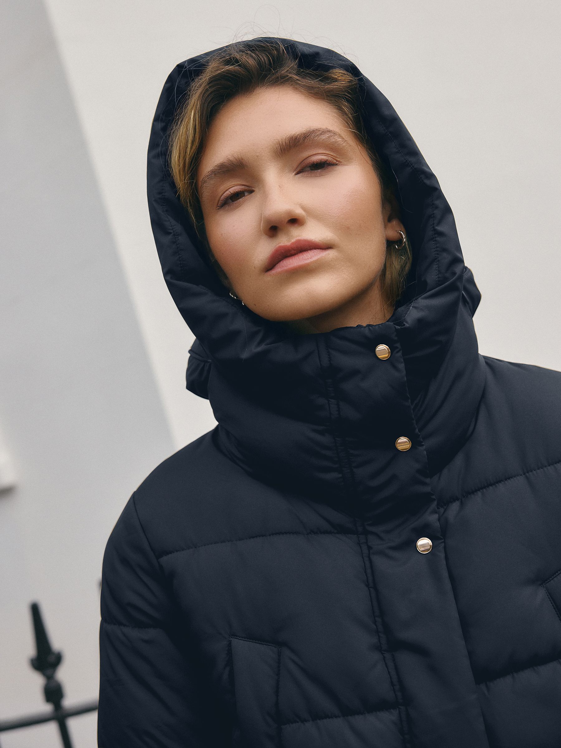 Buy Navy Blue Shower Resistant Padded Hooded Longline Coat from