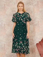 Yumi Green Daisy Mirror Placement Skater Dress With Angel Sleeves - Image 1 of 5
