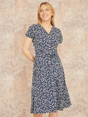 Yumi Blue Ditsy Floral Print Midi Shirt Dress - Image 1 of 5
