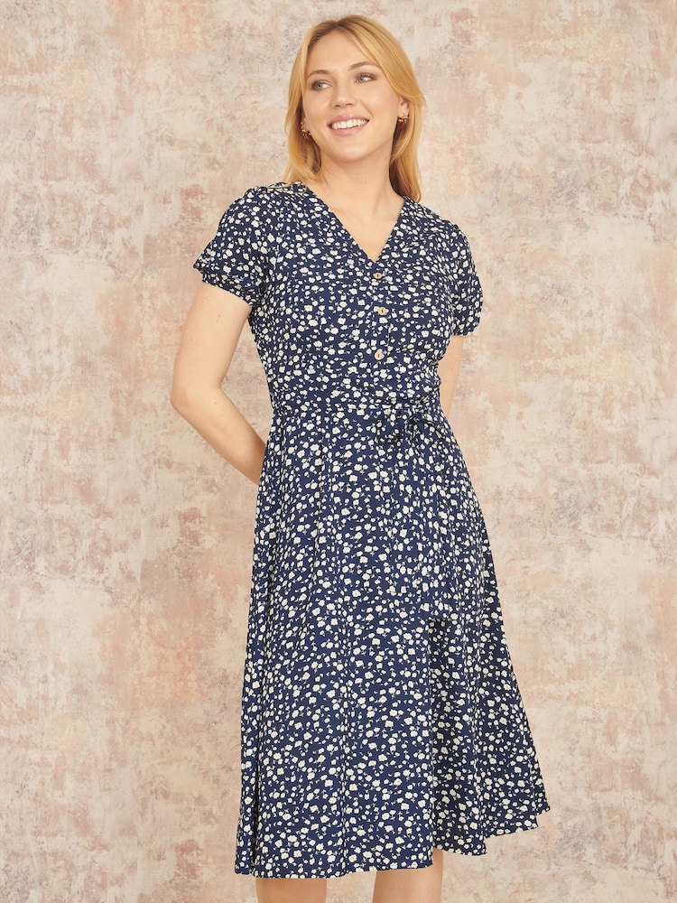 Yumi Blue Ditsy Floral Print Midi Shirt Dress - Image 1 of 5