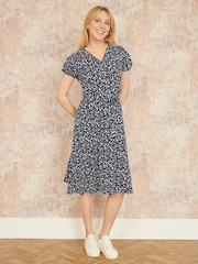 Yumi Blue Ditsy Floral Print Midi Shirt Dress - Image 2 of 5