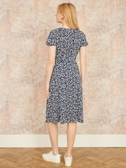 Yumi Blue Ditsy Floral Print Midi Shirt Dress - Image 4 of 5