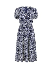 Yumi Blue Ditsy Floral Print Midi Shirt Dress - Image 5 of 5