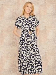 Yumi Blue Abstract Animal Print Relaxed Midi Shirt Dress With Belt - Image 1 of 5