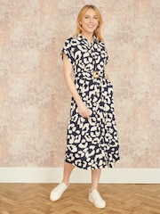 Yumi Blue Abstract Animal Print Relaxed Midi Shirt Dress With Belt - Image 2 of 5