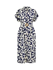 Yumi Blue Abstract Animal Print Relaxed Midi Shirt Dress With Belt - Image 5 of 5