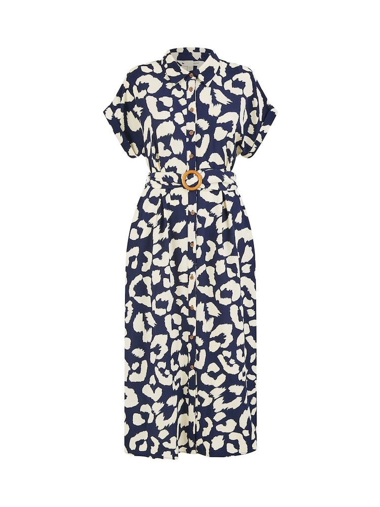Yumi Blue Abstract Animal Print Relaxed Midi Shirt Dress With Belt - Image 5 of 5