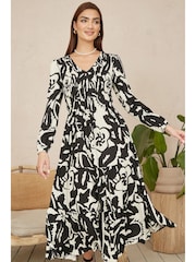 Yumi Black Abstract Print Ruched Midi Dress With Long Sleeves - Image 1 of 4