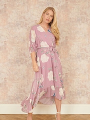 Yumi Pink Bird and Floral Print Midi Wrap Dress - Image 1 of 5