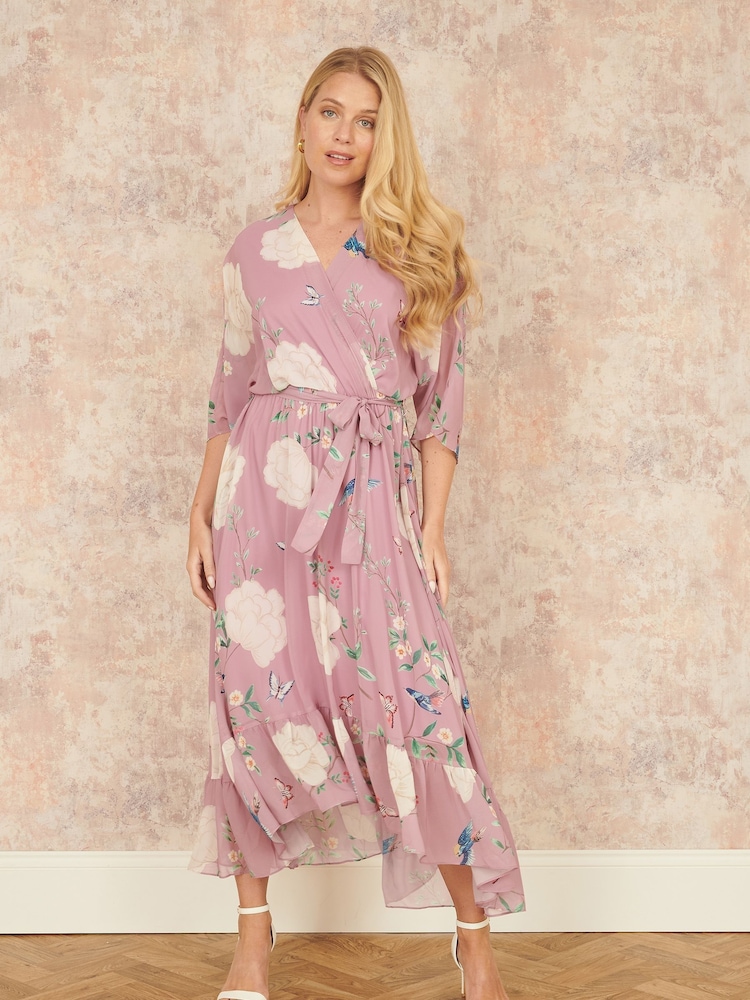 Pink - Yumi Bird and Floral Print Midi Wrap Dress - Bild 2 von 5 Pink - Yumi Bird and Floral Print Midi Wrap Dress - Bild 2 von 5