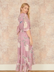 Yumi Pink Bird and Floral Print Midi Wrap Dress - Image 3 of 5