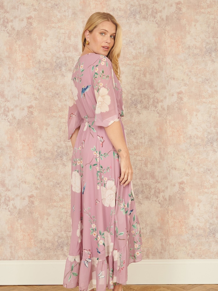 Yumi Pink Bird and Floral Print Midi Wrap Dress - Image 3 of 5