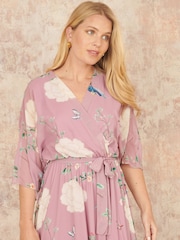 Yumi Pink Bird and Floral Print Midi Wrap Dress - Image 4 of 5