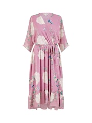 Yumi Pink Bird and Floral Print Midi Wrap Dress - Image 5 of 5