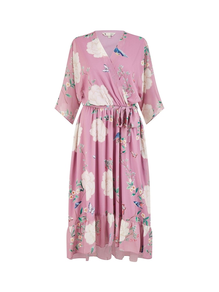 Pink - Yumi Bird and Floral Print Midi Wrap Dress - Bild 5 von 5 Pink - Yumi Bird and Floral Print Midi Wrap Dress - Bild 5 von 5