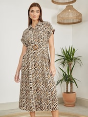 Yumi Brown Abstract Animal Print Relaxed Midi Shirt Dress With Belt - Image 1 of 5