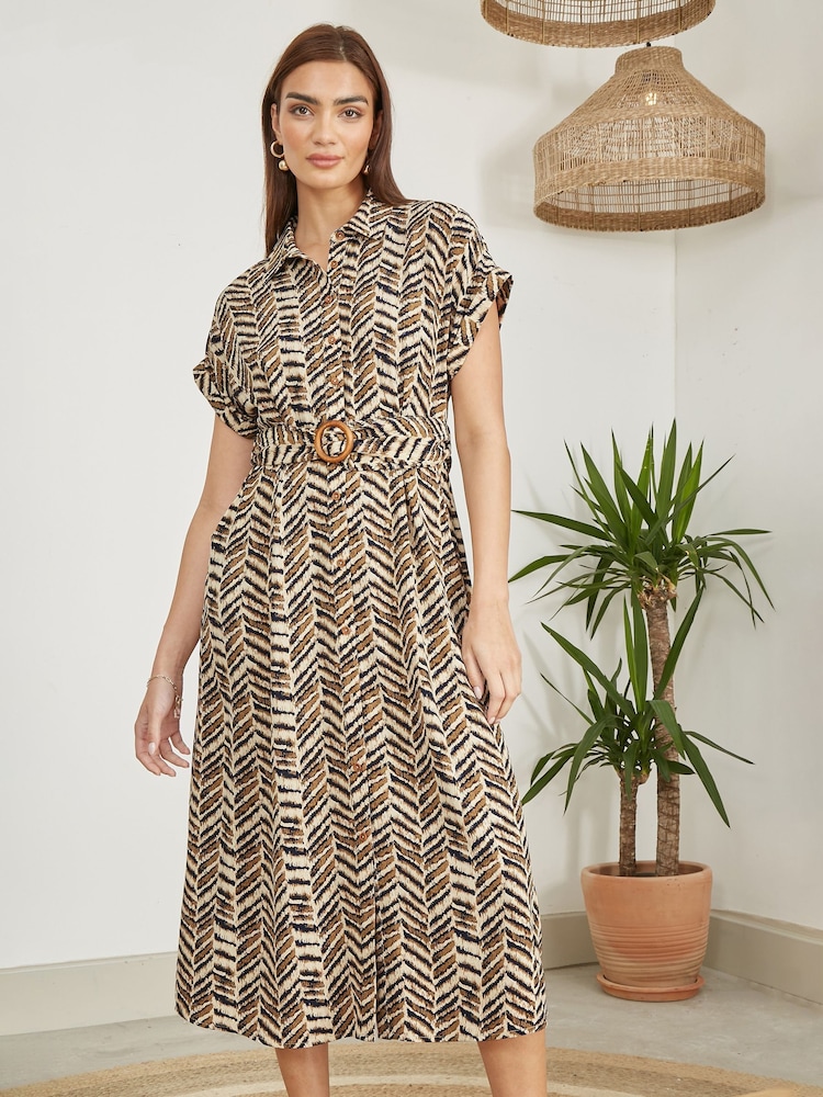 Yumi Brown Abstract Animal Print Relaxed Midi Shirt Dress With Belt - Image 1 of 5