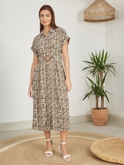 Yumi Brown Abstract Animal Print Relaxed Midi Shirt Dress With Belt - Image 2 of 5