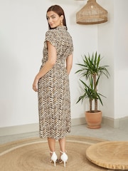 Yumi Brown Abstract Animal Print Relaxed Midi Shirt Dress With Belt - Image 3 of 5