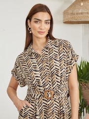 Yumi Brown Abstract Animal Print Relaxed Midi Shirt Dress With Belt - Image 4 of 5