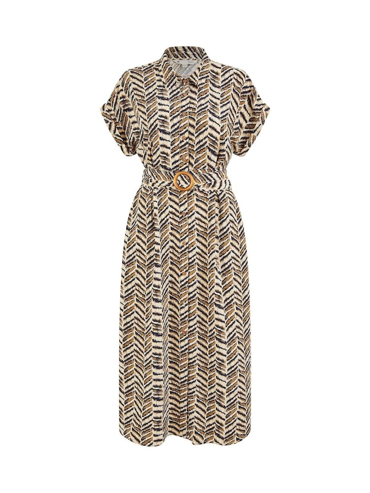 Yumi Brown Abstract Animal Print Relaxed Midi Shirt Dress With Belt - Image 5 of 5