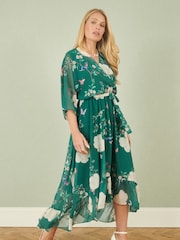 Yumi Green Bird and Floral Print Midi Wrap Dress - Image 2 of 5