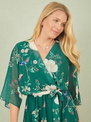 Yumi Green Bird and Floral Print Midi Wrap Dress - Image 4 of 5