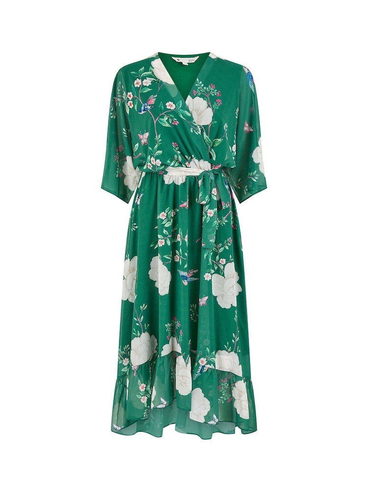Yumi Green Bird and Floral Print Midi Wrap Dress - Image 5 of 5