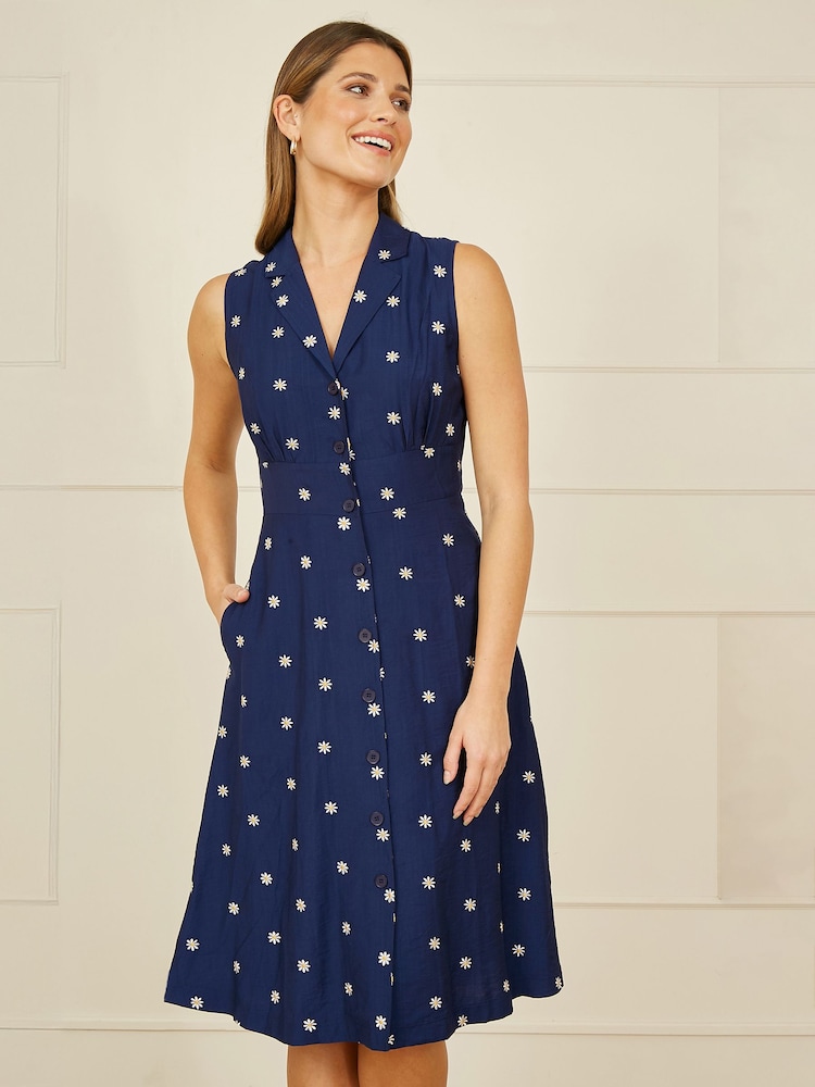 Yumi Blue Daisy Print Sleeveless Shirt Dress - Image 1 of 5